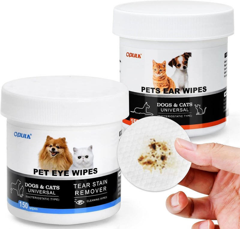 Opula Dog Ear Eye Cleaner Wipes,300 Count Cat Eye Ear Cleaning Wipes,Pet Wipes,150pcs Tear Stain Remover Wipes+150pcs Ear Wax Wipes,Non-Irritating,Dog&Cat Universal,Eliminate Odor - Image 1
